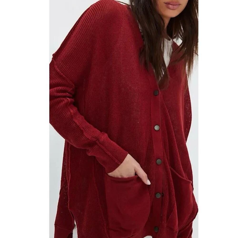 We The Free Burgundy Knit Cardigan Sweater Size S/P Oversized Linen Cotton Blend